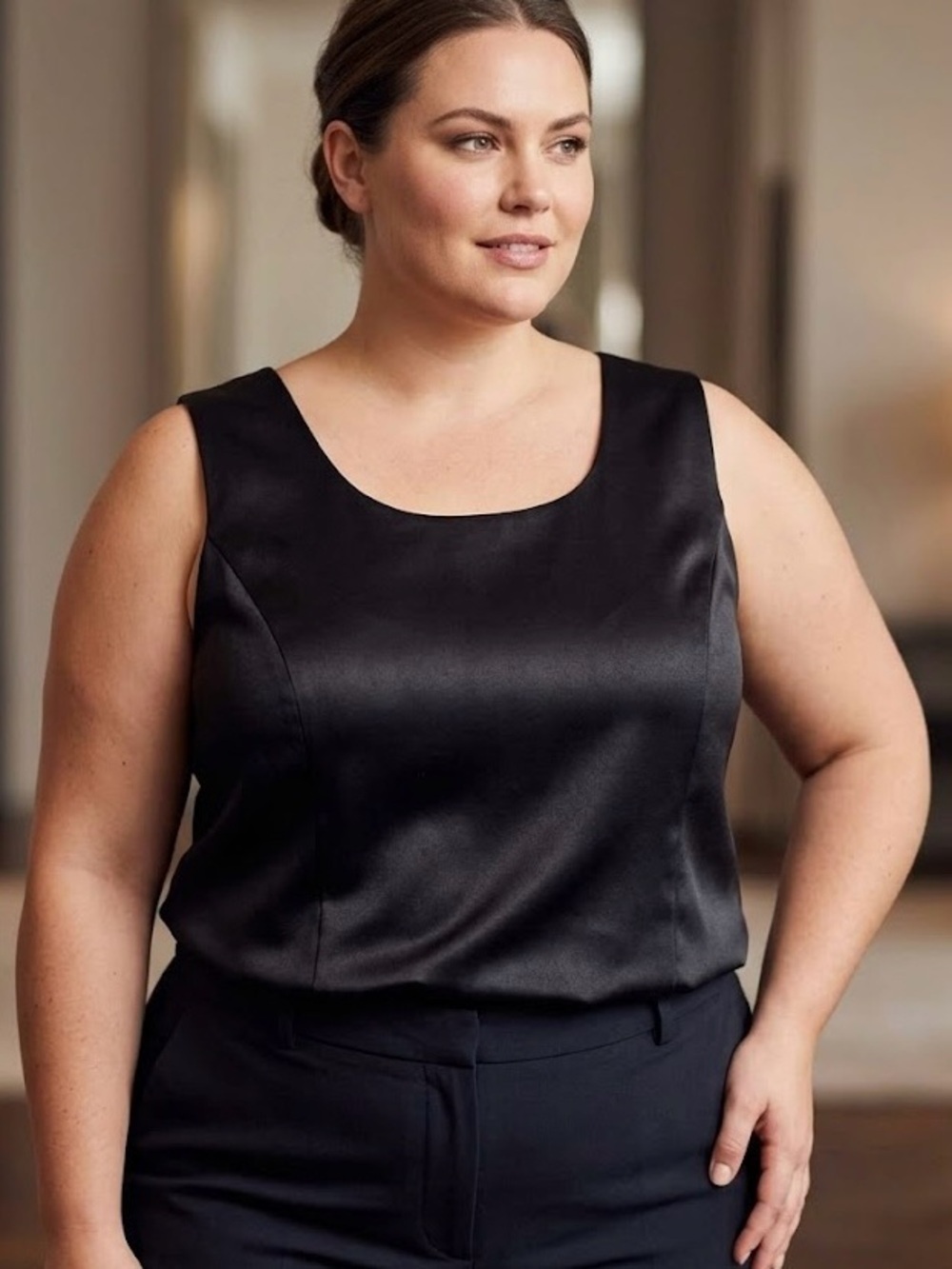 Classic Black Satin Sleeveless Shell Top - Plus Size 22W - Side Zip Quite Luxury